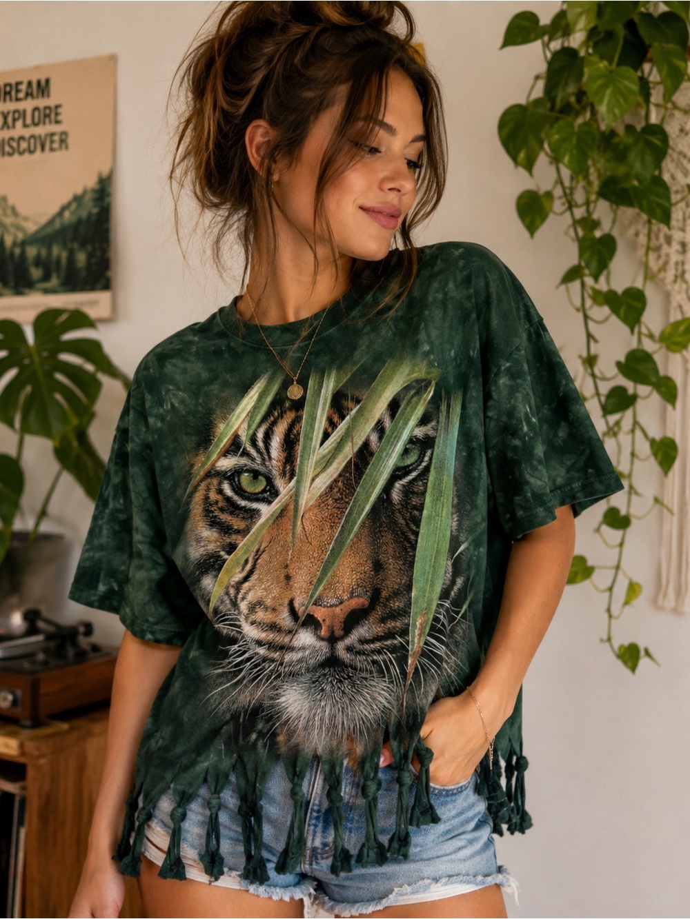 Vintage Mountain "Emerald Forest" tiger graphic tee featuring custom fringe hem